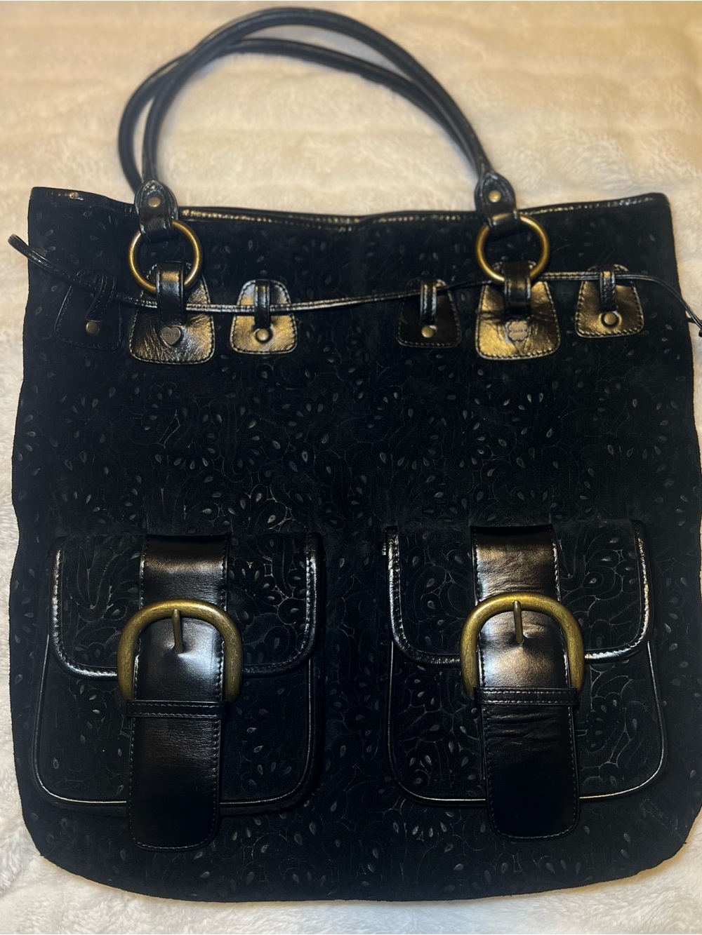 Vintage Charm & Luck Black Velvet Cutout Tote Bag Boho Tassel Shoulder Purse
